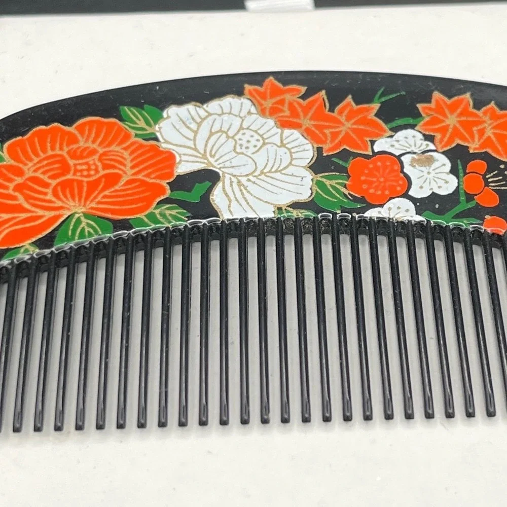 Vintage Japanese Hair Comb Black Lacquer‎ Style Floral  Koshi mid century
